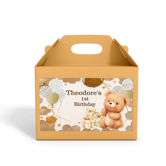 Bear treat box label with adorable teddy bear artwork in pastel colors on white background