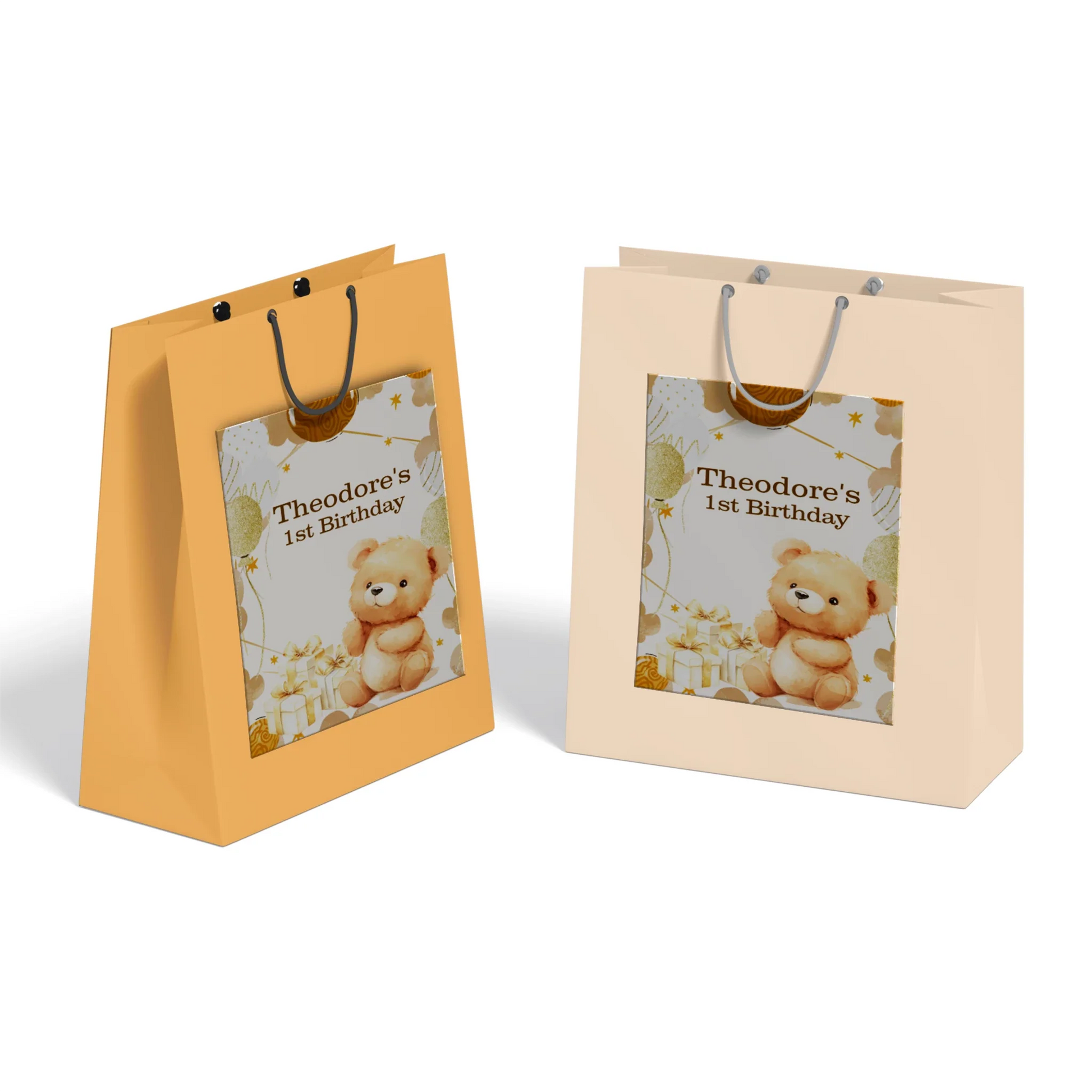 Bear goodie bag label with sweet teddy bear graphics displayed in flat lay