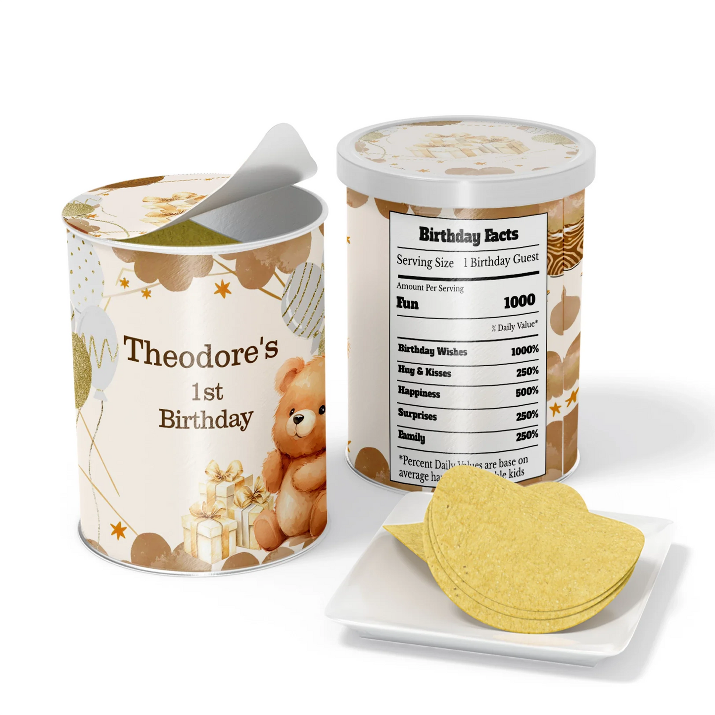 Bear small Pringles label with cute teddy bear pattern in soft brown and cream colors