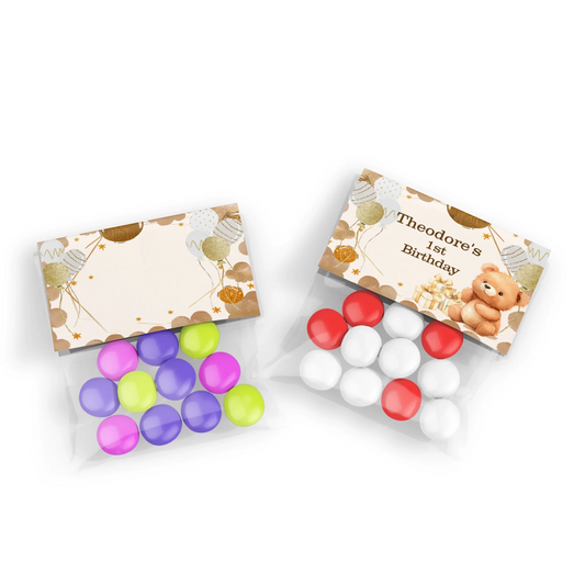 Bear treat bag topper label with adorable bear illustration in neutral colors on white background