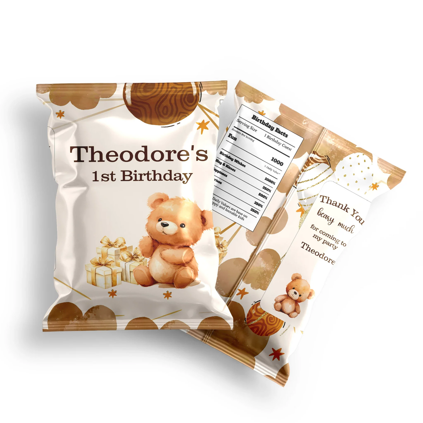 Bear chips bag label with cute teddy bear theme in beige and brown tones