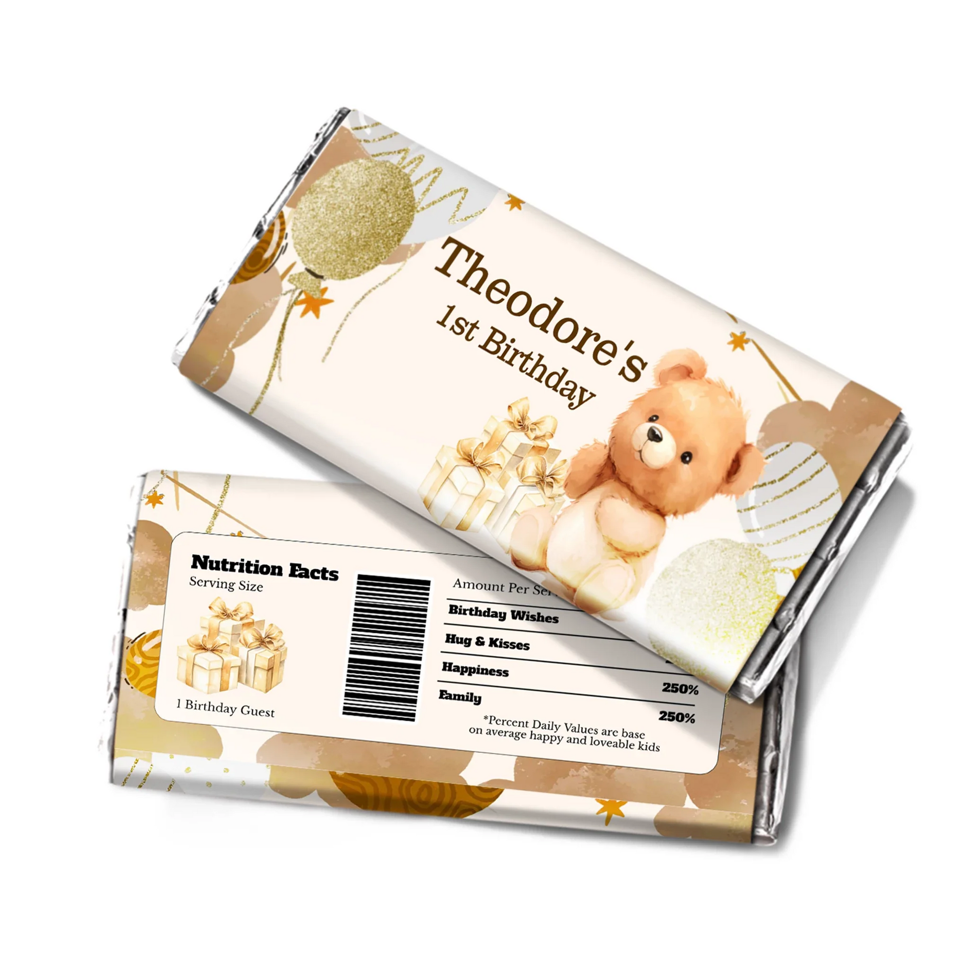 Bear chocolate label with sweet teddy bear artwork in soft neutral colors on white background