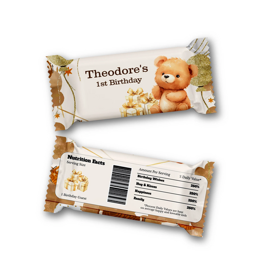 Bear Rice Krispies treats and candy bar labels with matching teddy bear theme in flat lay