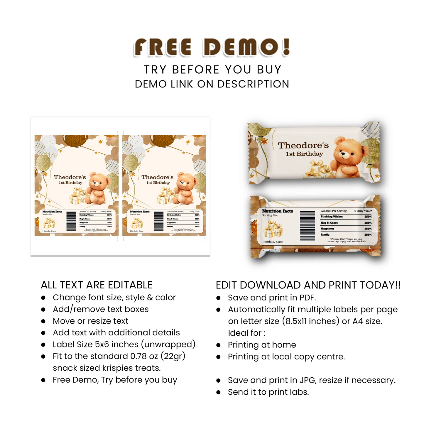 Bear Rice Krispies & Candy Bar Label Set