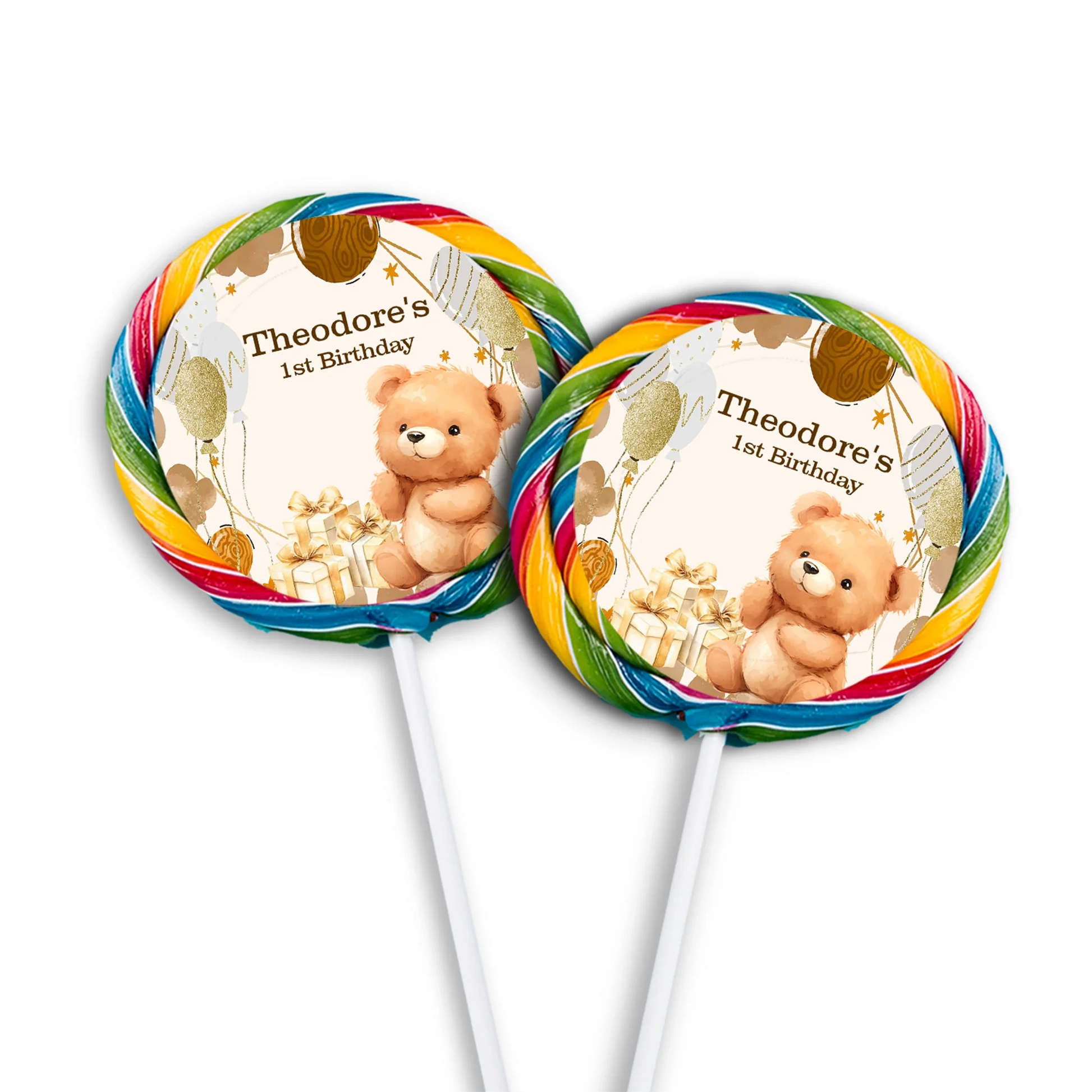 Bear lollipop label with cute teddy bear illustration in pastel colors