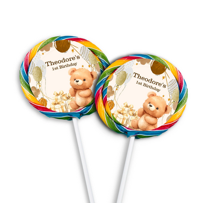 Bear lollipop label with cute teddy bear illustration in pastel colors
