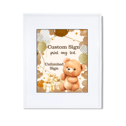 Bear custom sign with large teddy bear illustration and soft pastel background
