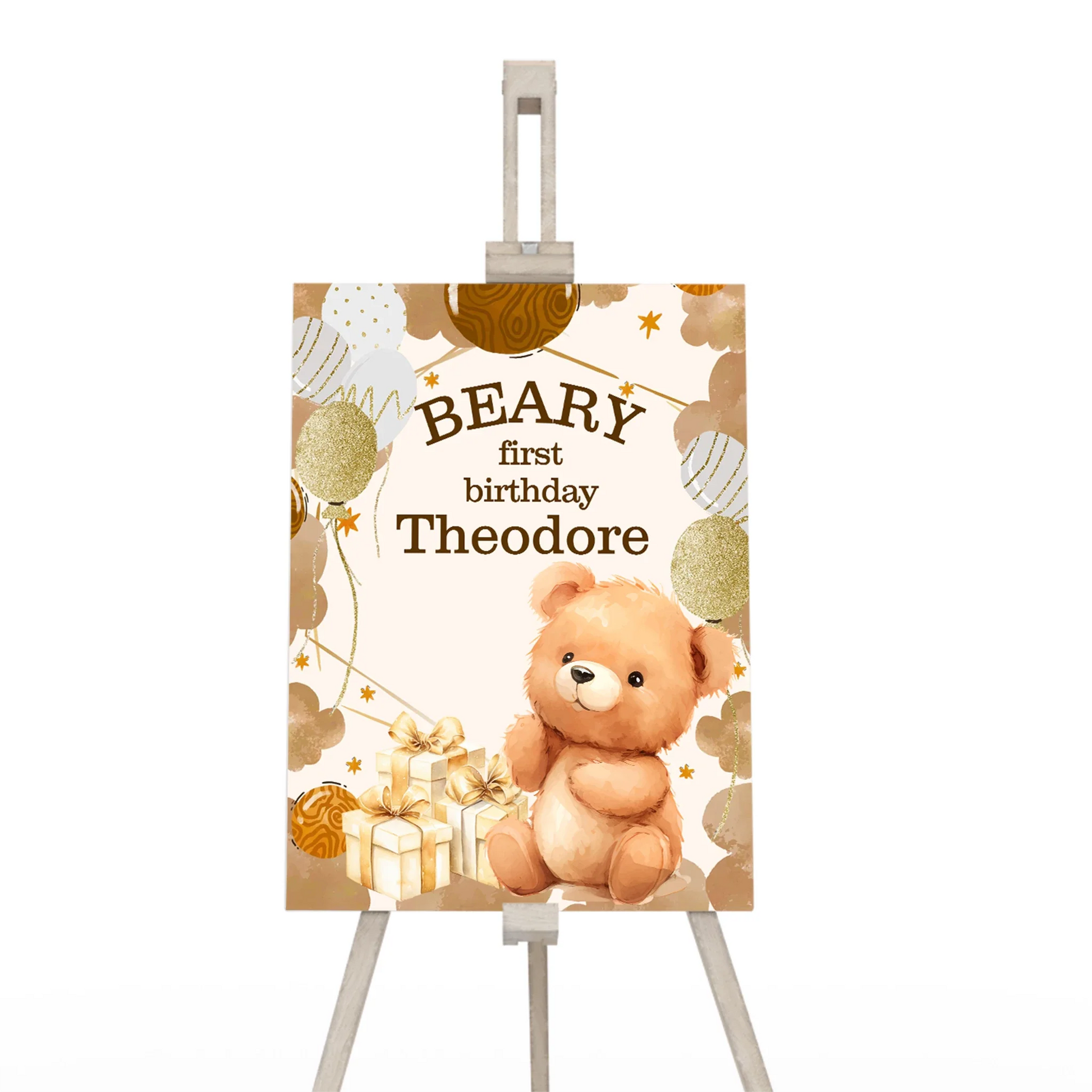 Bear welcome sign with adorable teddy bear design in neutral colors on white background