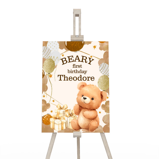 Bear welcome sign with adorable teddy bear design in neutral colors on white background