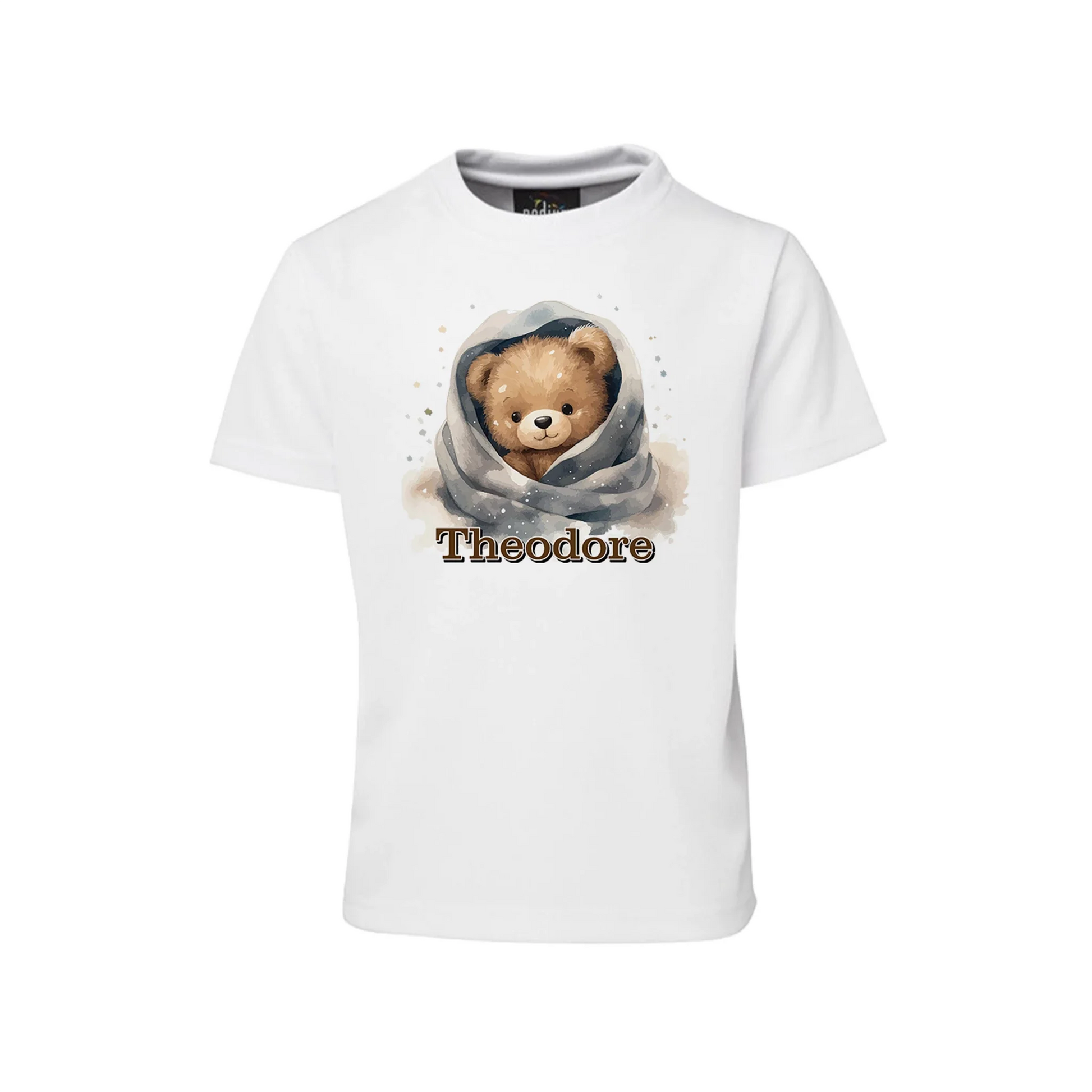 Bear sublimation T-shirt with cute teddy bear graphic printed on white fabric