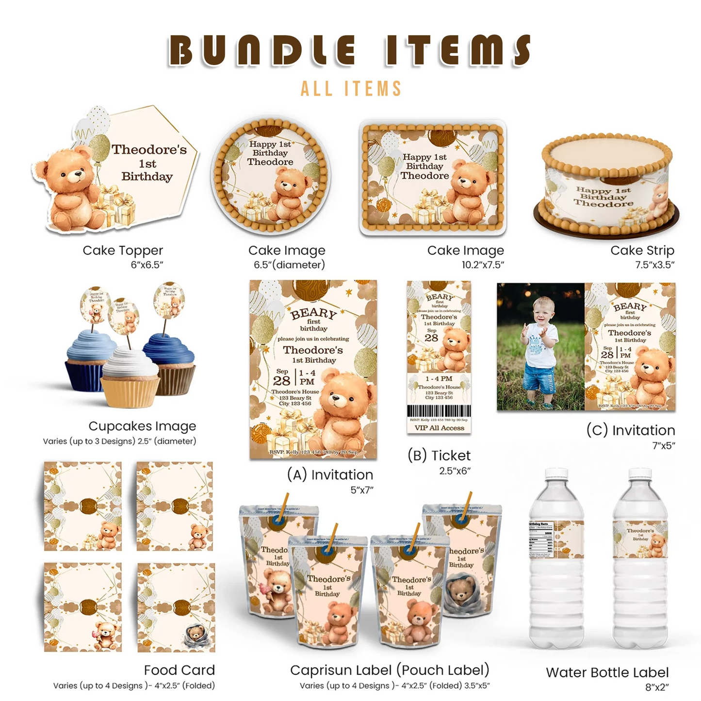 Bear personalized party pack templates with cute teddy bear illustrations in neutral tones arranged in a clean flat lay