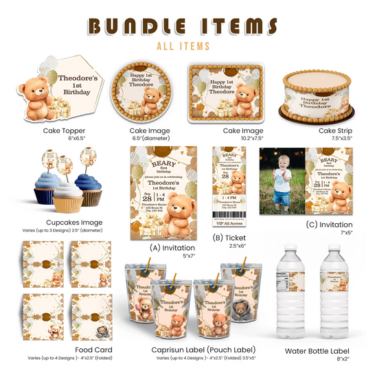 Bear personalized party pack templates with cute teddy bear illustrations in neutral tones arranged in a clean flat lay