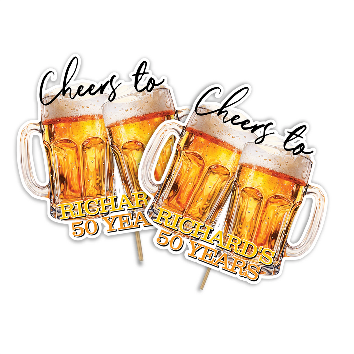 Beer adult birthday personalized cake toppers with beer mugs and celebration theme, cardstock toppers displayed on white background