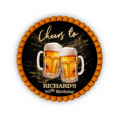 Beer adult birthday personalized edible icing cake images with beer mug graphics and foam accents, frosting sheets on white background
