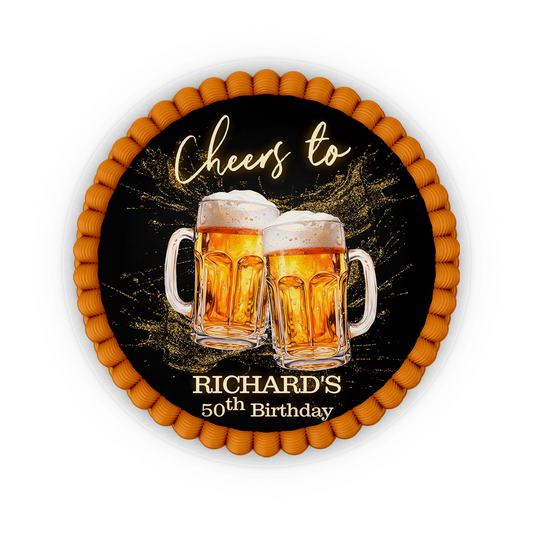 Beer adult birthday personalized edible icing cake images with beer mug graphics and foam accents, frosting sheets on white background