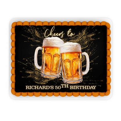 Beer adult birthday personalized edible sheet cake images with beer theme design and custom text, rectangular icing sheet on white background