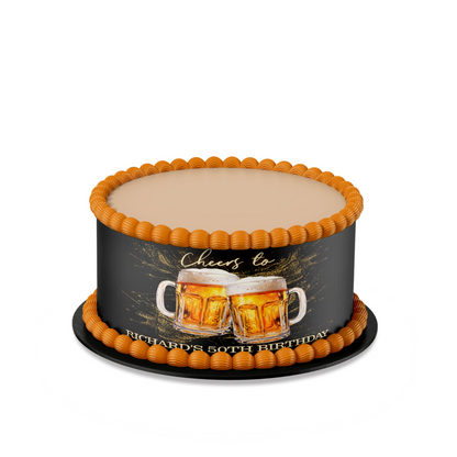 Beer adult birthday personalized cake strips with beer mug and foam graphics, wrap style cake decoration shown on white background