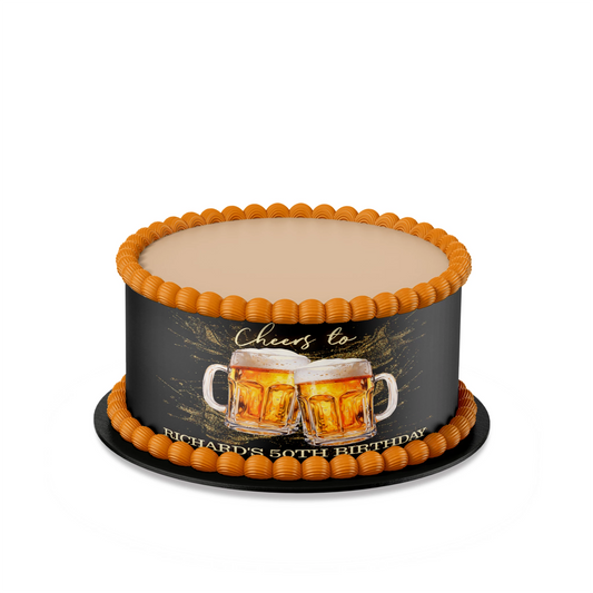 Beer adult birthday personalized cake strips with beer mug and foam graphics, wrap style cake decoration shown on white background