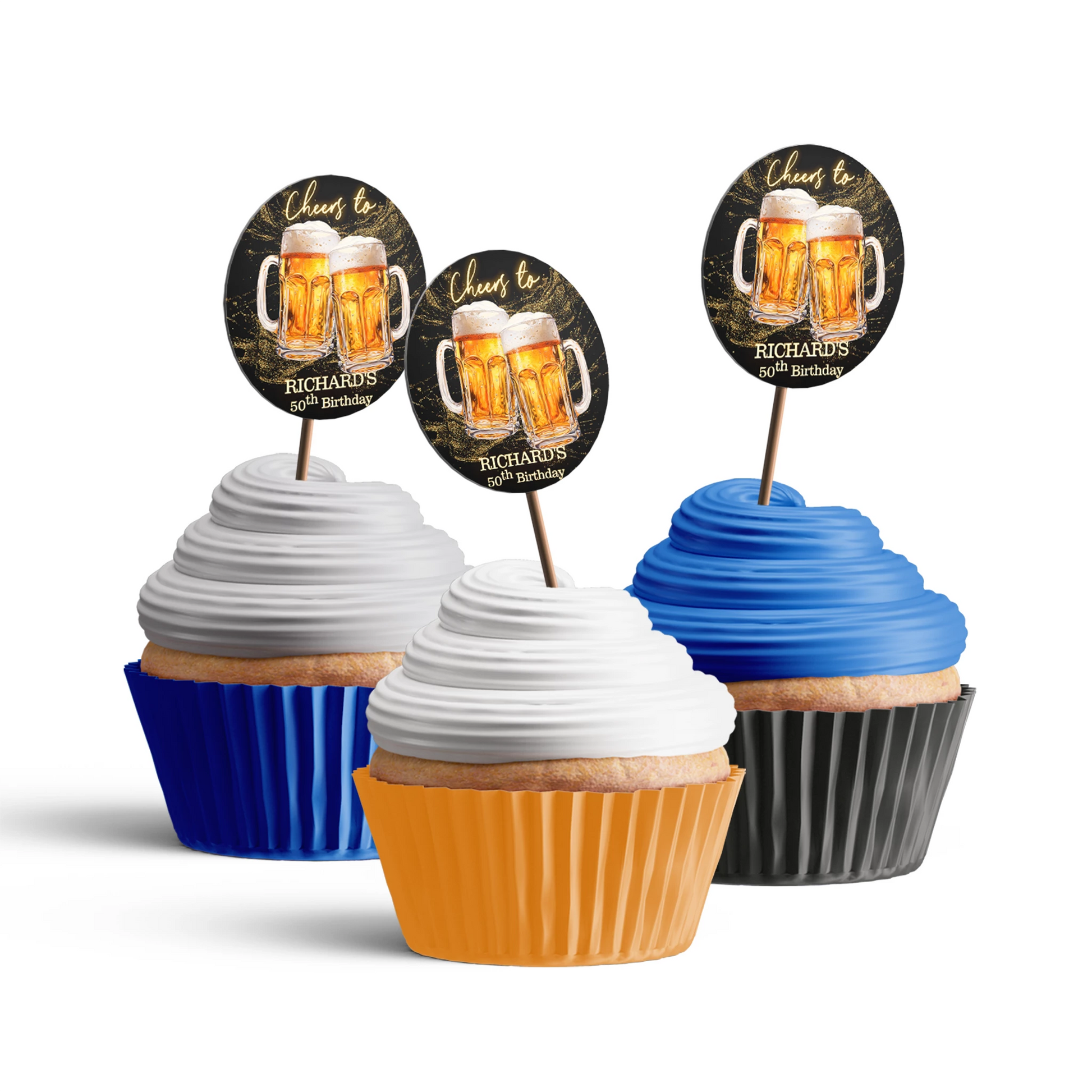Beer adult birthday personalized cupcake toppers with beer mug icons and party colors, round toppers arranged on white background