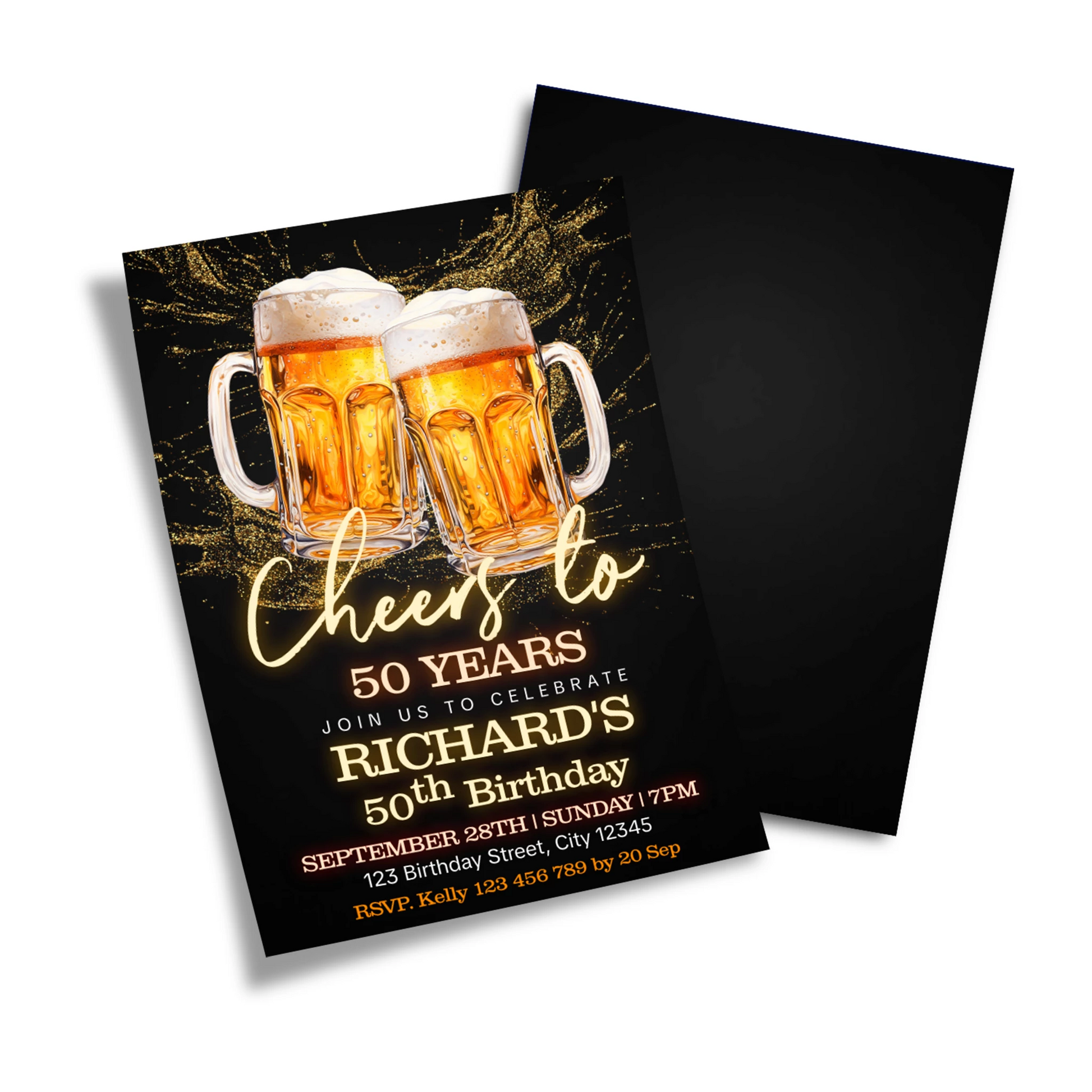 Beer adult birthday personalized birthday card invitations with beer mug graphics and bold colors, flat lay card on white background