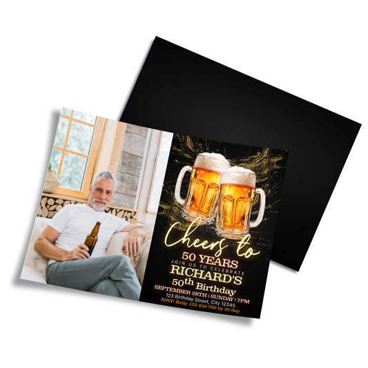 Beer adult birthday personalized photo card invitations with beer theme design and custom photo area, displayed on white background