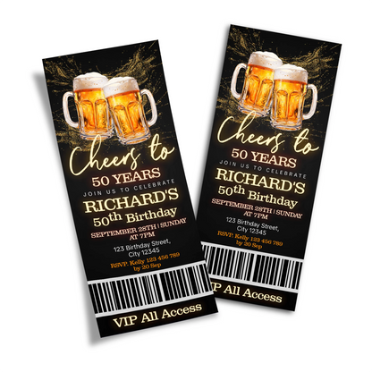 Beer adult birthday personalized birthday ticket invitations with beer mug graphics and bold layout, ticket style on white background