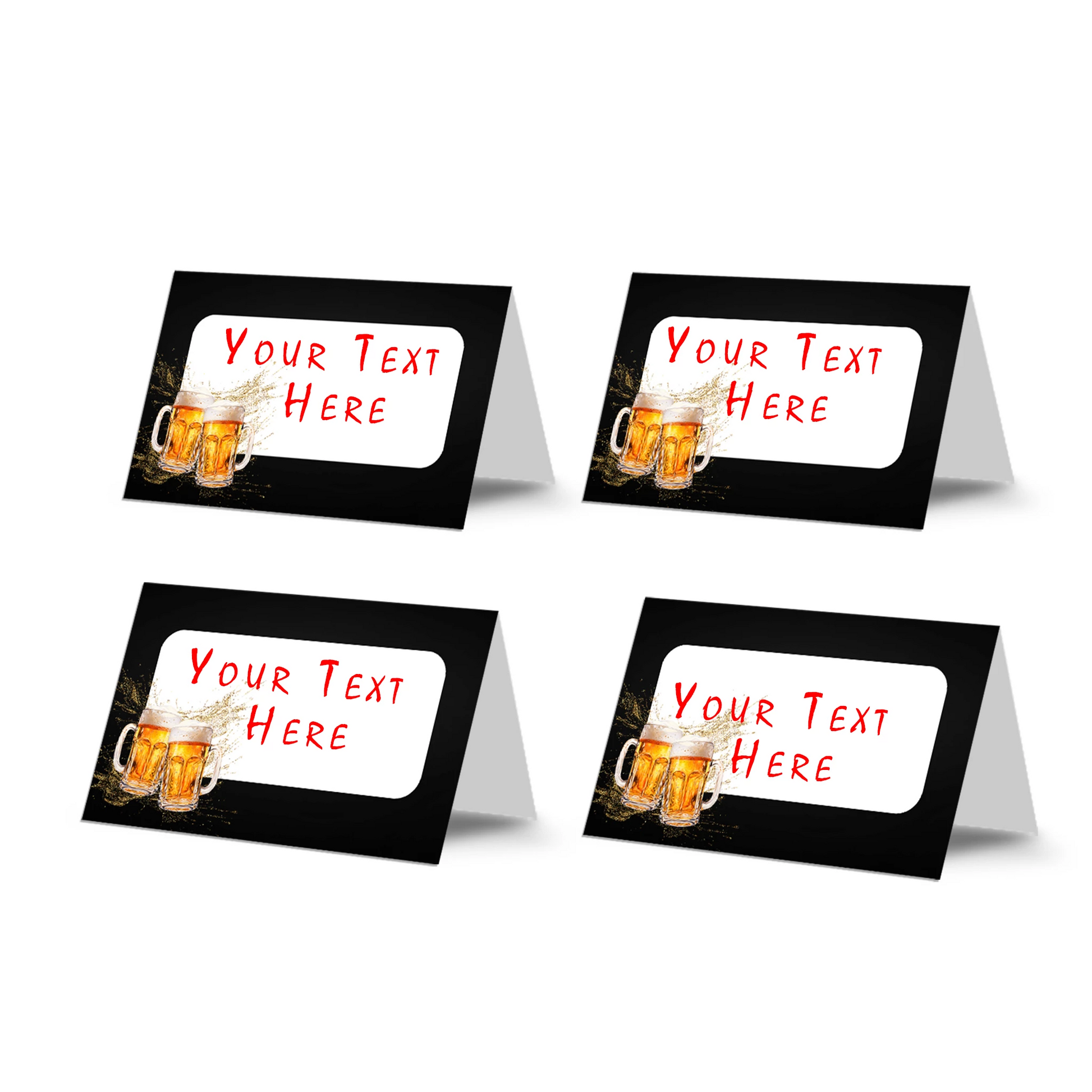Beer adult birthday food cards with beer themed graphics for party table labels, tent cards displayed on white background