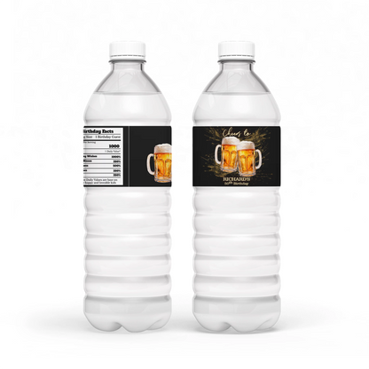 Beer adult birthday water bottle label with beer mug pattern and party colors, wrap label shown flat on white background