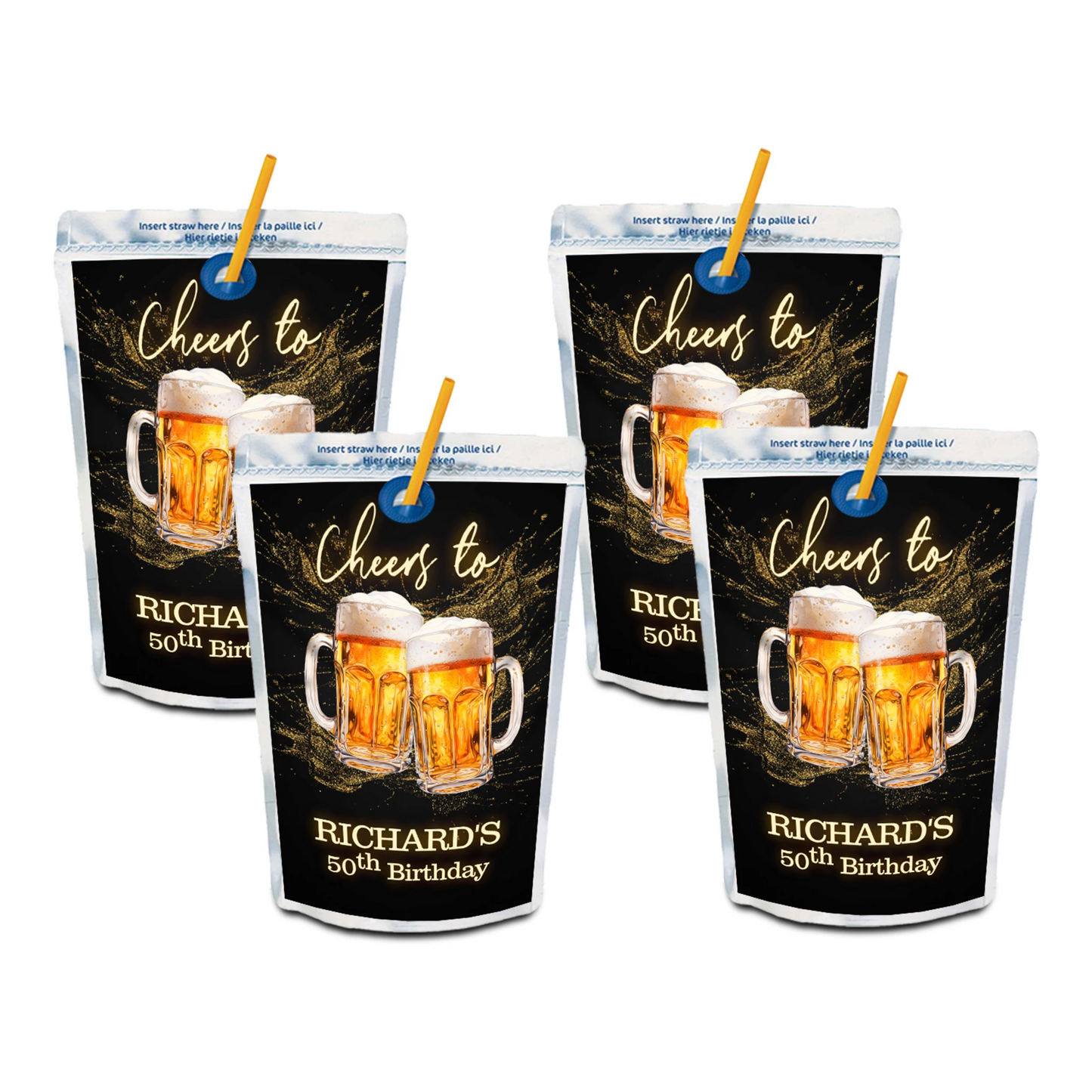 Beer adult birthday juice pouch label with beer theme graphics and bold colors, rectangular label on white background