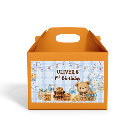 Beer adult birthday treat box label with beer mug graphics and party design, printable label displayed on white background