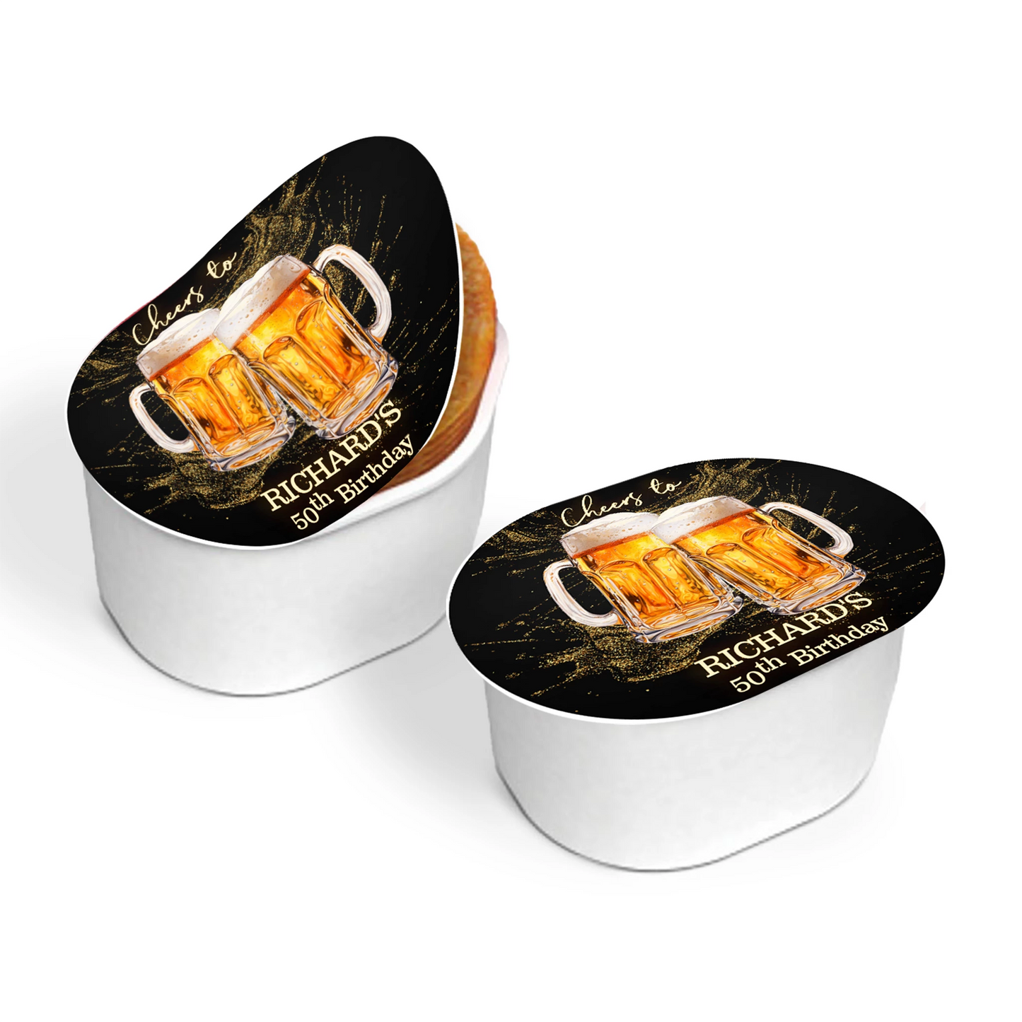 Beer adult birthday mini Pringles label with beer mug graphics and party colors, small wrap label displayed on white background