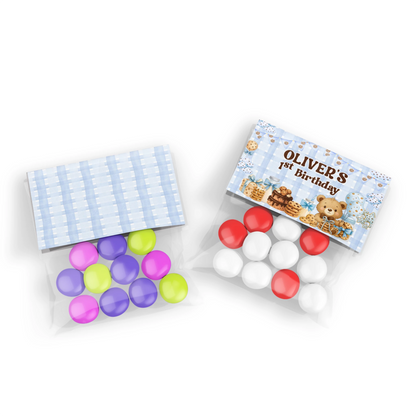 Beer adult birthday treat bag topper label with beer mug design and bold colors, folded topper on white background