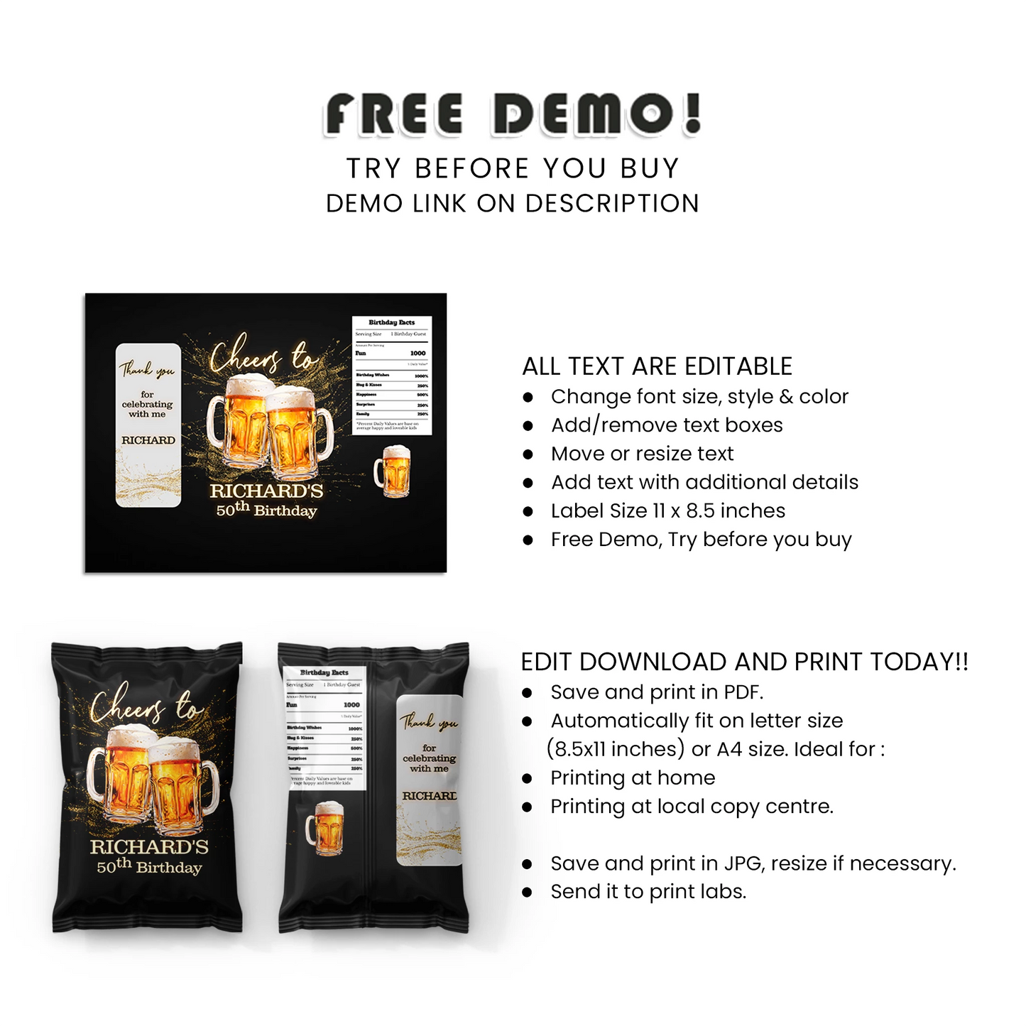 Beer Adult Birthday Chips Bag Label Adult Birthday Party Snack Wrap