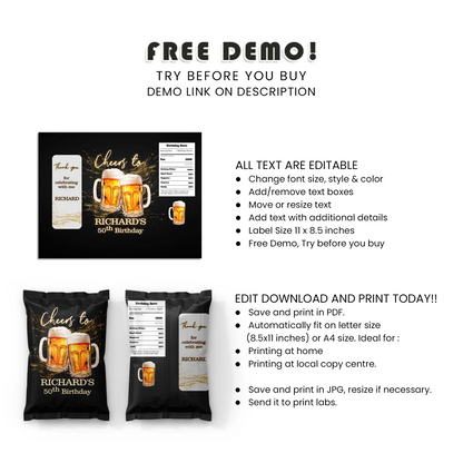 Beer Adult Birthday Chips Bag Label Adult Birthday Party Snack Wrap