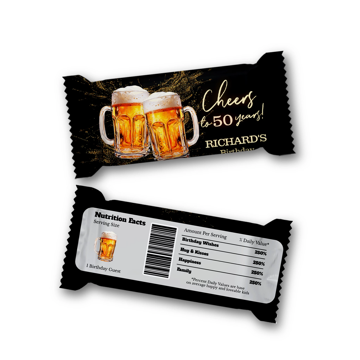 Beer adult birthday Rice Krispies treats and candy bar labels with beer theme graphics, flat lay on white background