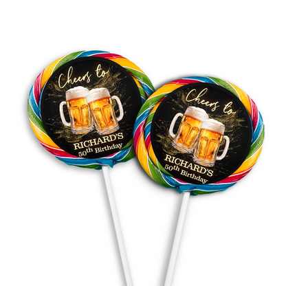 Beer adult birthday lollipop label with beer mug graphics and party colors, round candy label on white background