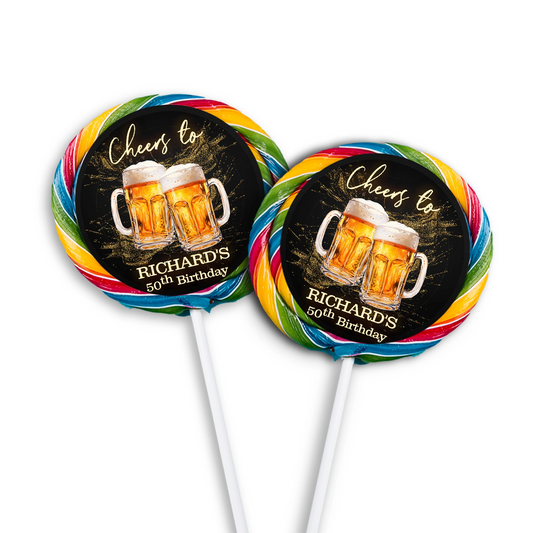 Beer adult birthday lollipop label with beer mug graphics and party colors, round candy label on white background