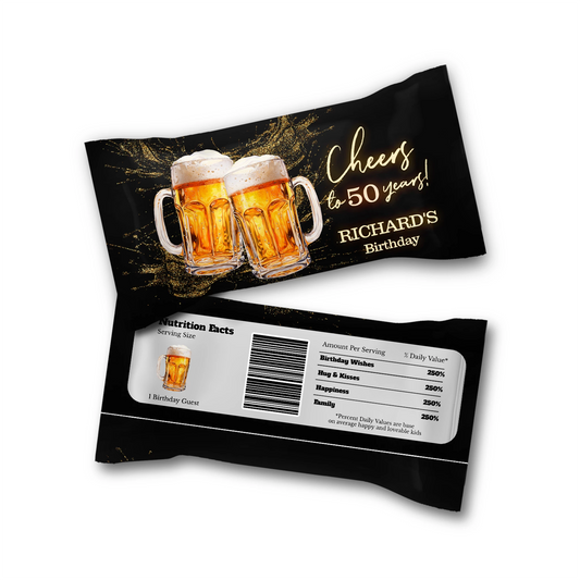 Beer adult birthday Skittles label with beer theme graphics and bold colors, candy wrap label displayed on white background