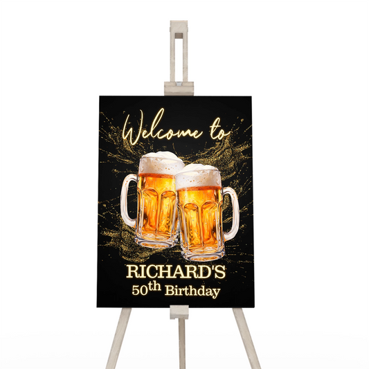 Beer adult birthday welcome sign with beer mug design and celebration theme, vertical party sign on white background