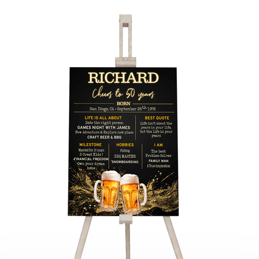 Beer adult birthday milestone poster with beer theme graphics and birthday stats layout, poster displayed on white background