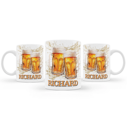 Beer adult birthday sublimation mug with beer mug graphics and party theme wrap design, ceramic mug on white background