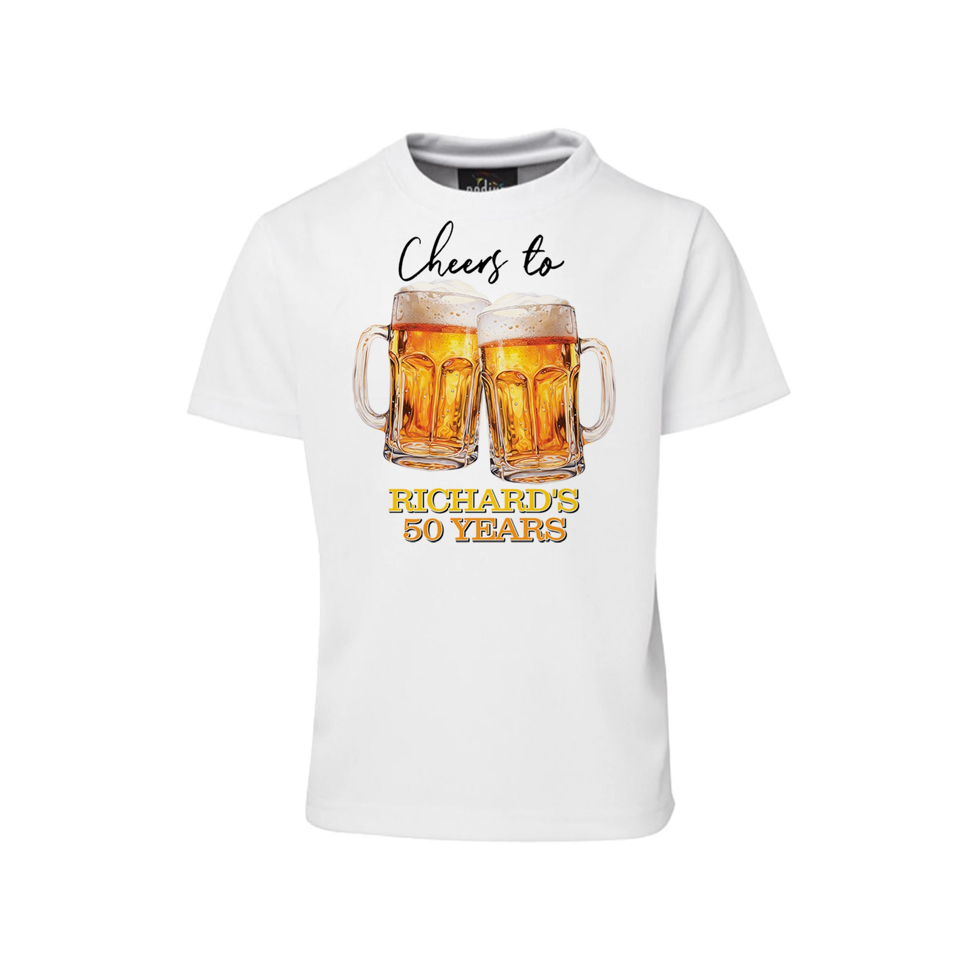 Beer adult birthday sublimation t-shirt with beer mug graphic and bold party text, shirt flat lay on white background