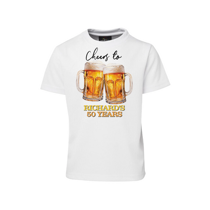 Beer adult birthday sublimation t-shirt with beer mug graphic and bold party text, shirt flat lay on white background