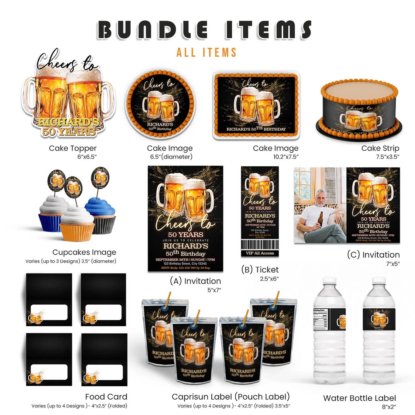 Beer adult birthday personalized digital template party pack with beer mug graphics and bold party colors, flat lay on white background