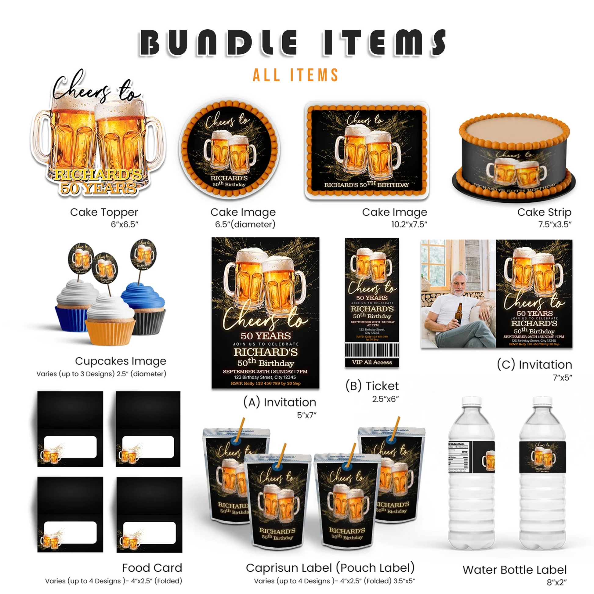 Beer adult birthday personalized digital template party pack with beer mug graphics and bold party colors, flat lay on white background