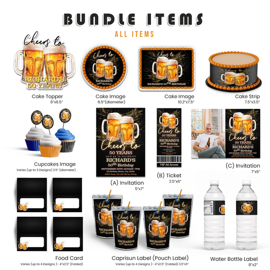 Beer adult birthday personalized digital template party pack with beer mug graphics and bold party colors, flat lay on white background