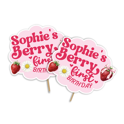 Berry strawberry personalized cake toppers with strawberry illustrations and soft colors, cardstock toppers on white background