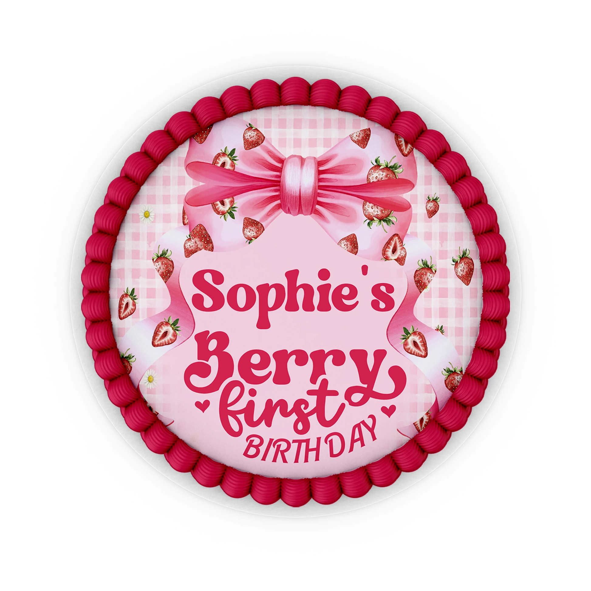 Berry strawberry personalized edible icing cake images with strawberry pattern and pastel colors, frosting sheets on white background