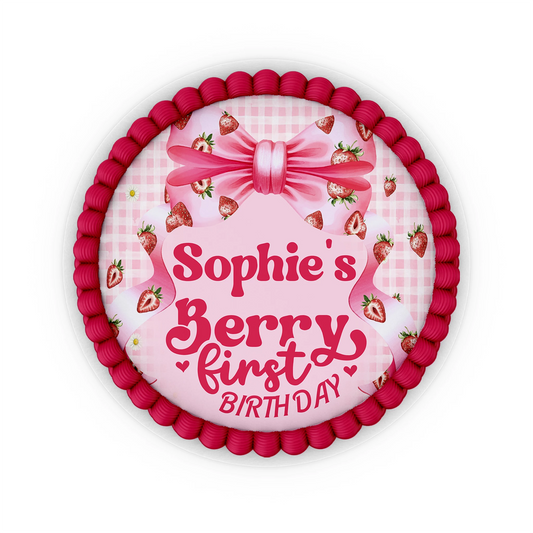 Berry strawberry personalized edible icing cake images with strawberry pattern and pastel colors, frosting sheets on white background