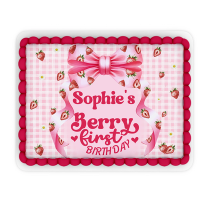Berry strawberry personalized edible sheet cake images with strawberry graphics and custom text, rectangular icing sheet on white background